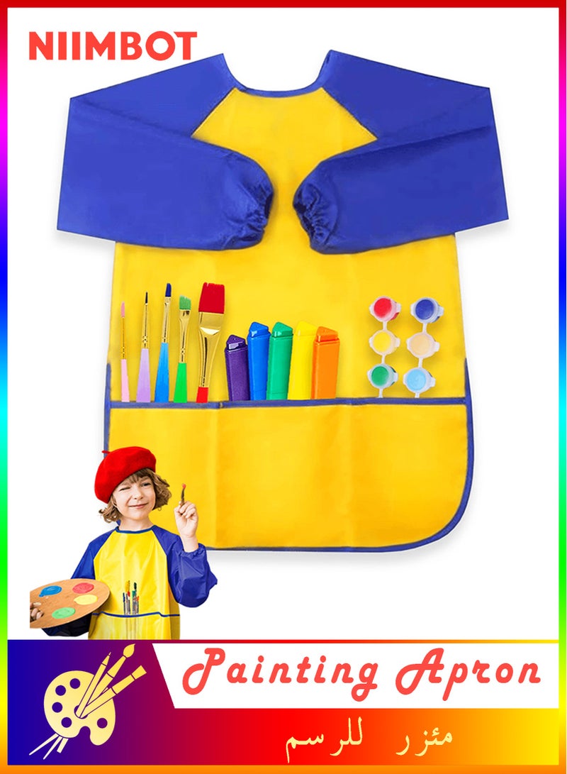 نيمبوت مريلة الرسم للفنانين الصغار مضادة للماء وبأكمامٍ طويلة,مريلة رسم مضادة للماء طراز,مريلة أطفال مقاومة للماء برسومات فنية وأكمام طويلة مع جيوب للأطفال بعمر 5-8 سنوات للرسم واللعب بالصلصال والطين والعجين والطبخ والحرف اليدوية والتجارب المعملية، أصفر/أزرق - Image 1